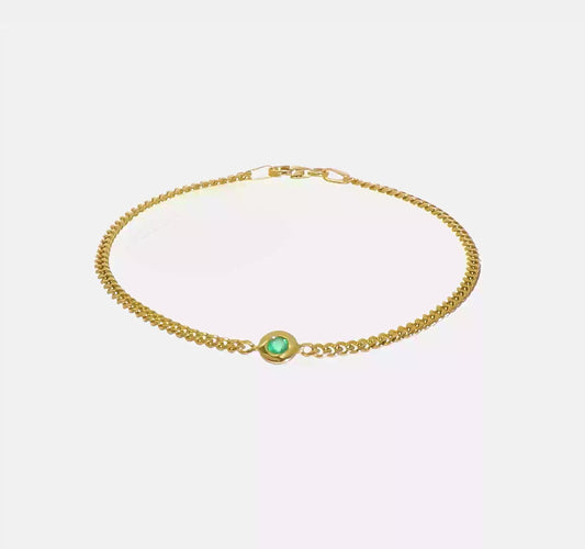 14K Yellow Gold Round Emerald Curb Link Chain Bracelet 7.25"