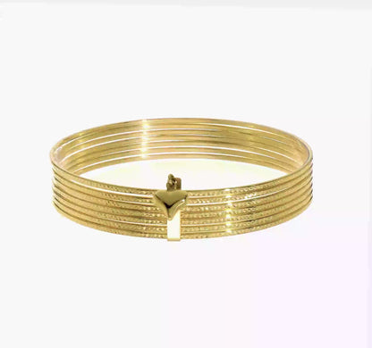 14K Yellow Gold Dangle Heart 7-Strand 11 mm Slip-on Bangle Bracelet