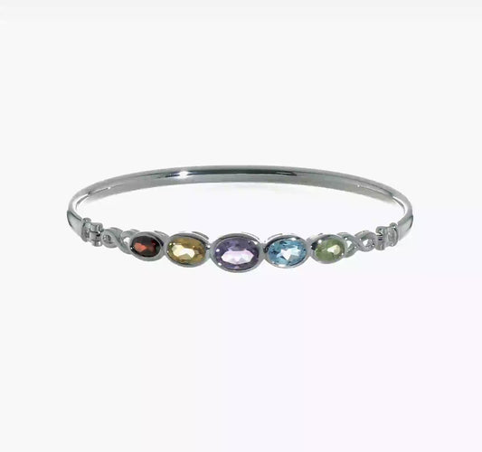 Sterling Silver Rhodium-plated Multi Gemstone Bangle Bracelet