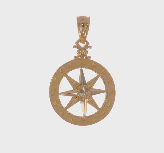 14k Yellow Gold Diamond-cut Polished Compass Pendant for Men