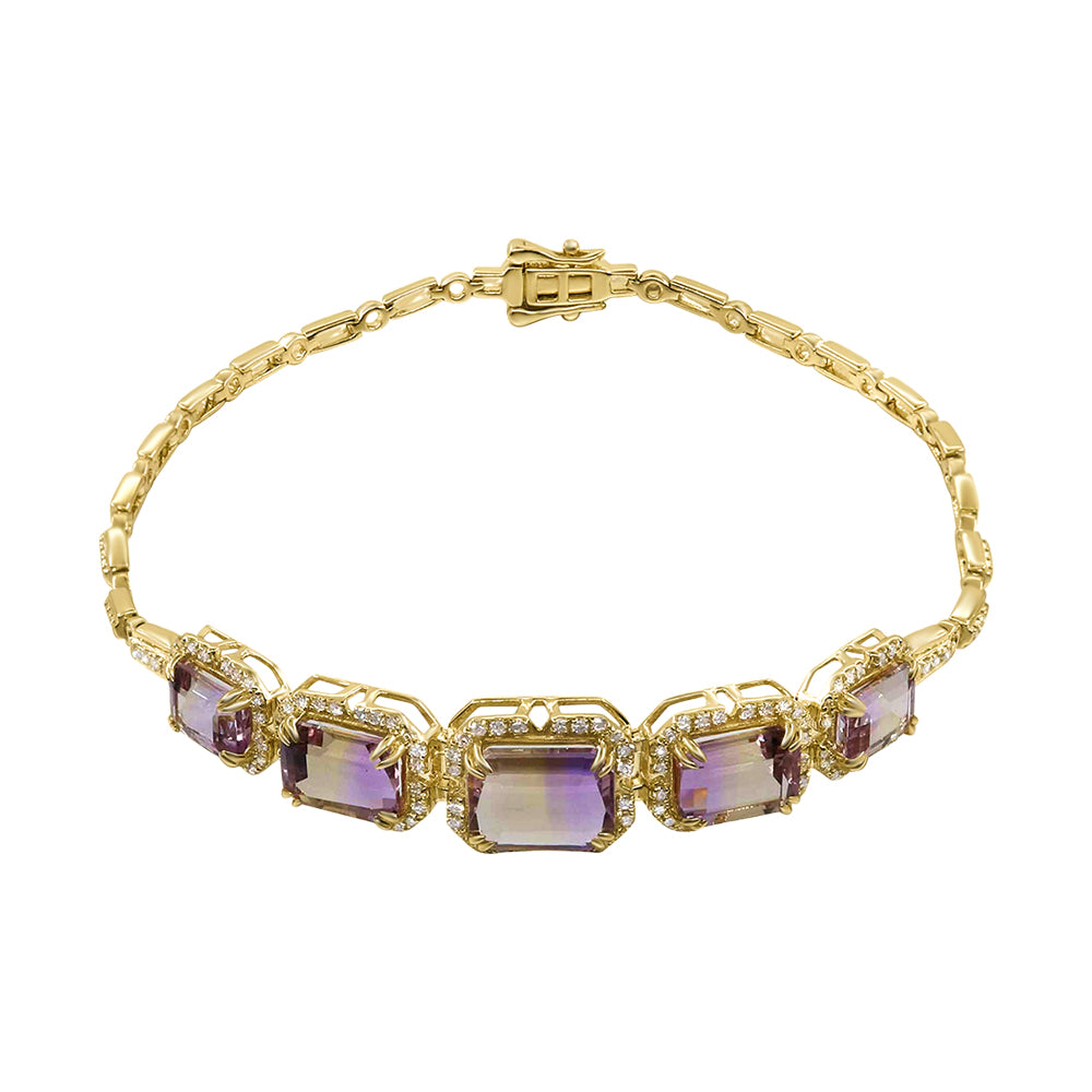 Diamond2Deal 14k Yellow Gold 8.23ct Octagon Cut Ametrine and Diamond Tennis Bracelet 7.5"