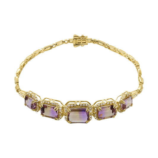 Diamond2Deal 14k Yellow Gold 8.23ct Octagon Cut Ametrine and Diamond Tennis Bracelet 7.5"