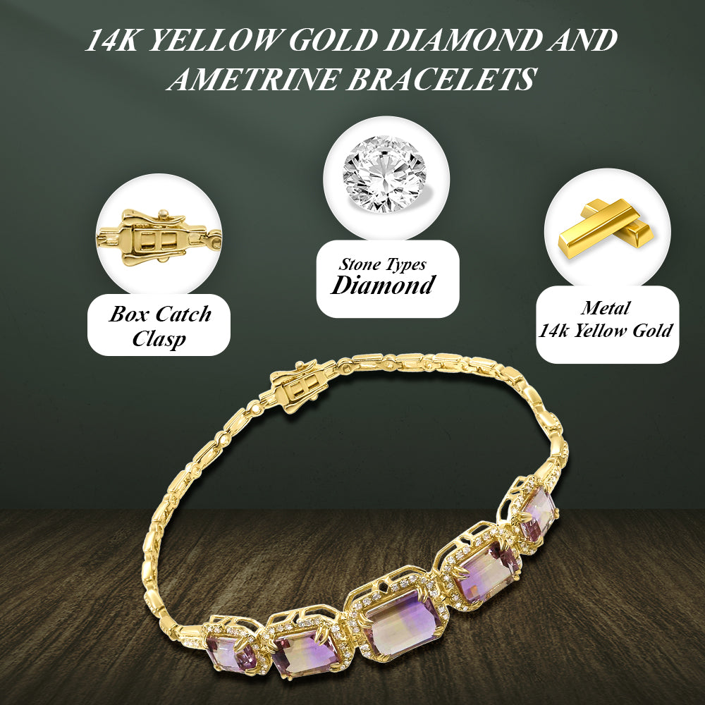 Diamond2Deal 14k Yellow Gold 8.23ct Octagon Cut Ametrine and Diamond Tennis Bracelet 7.5"
