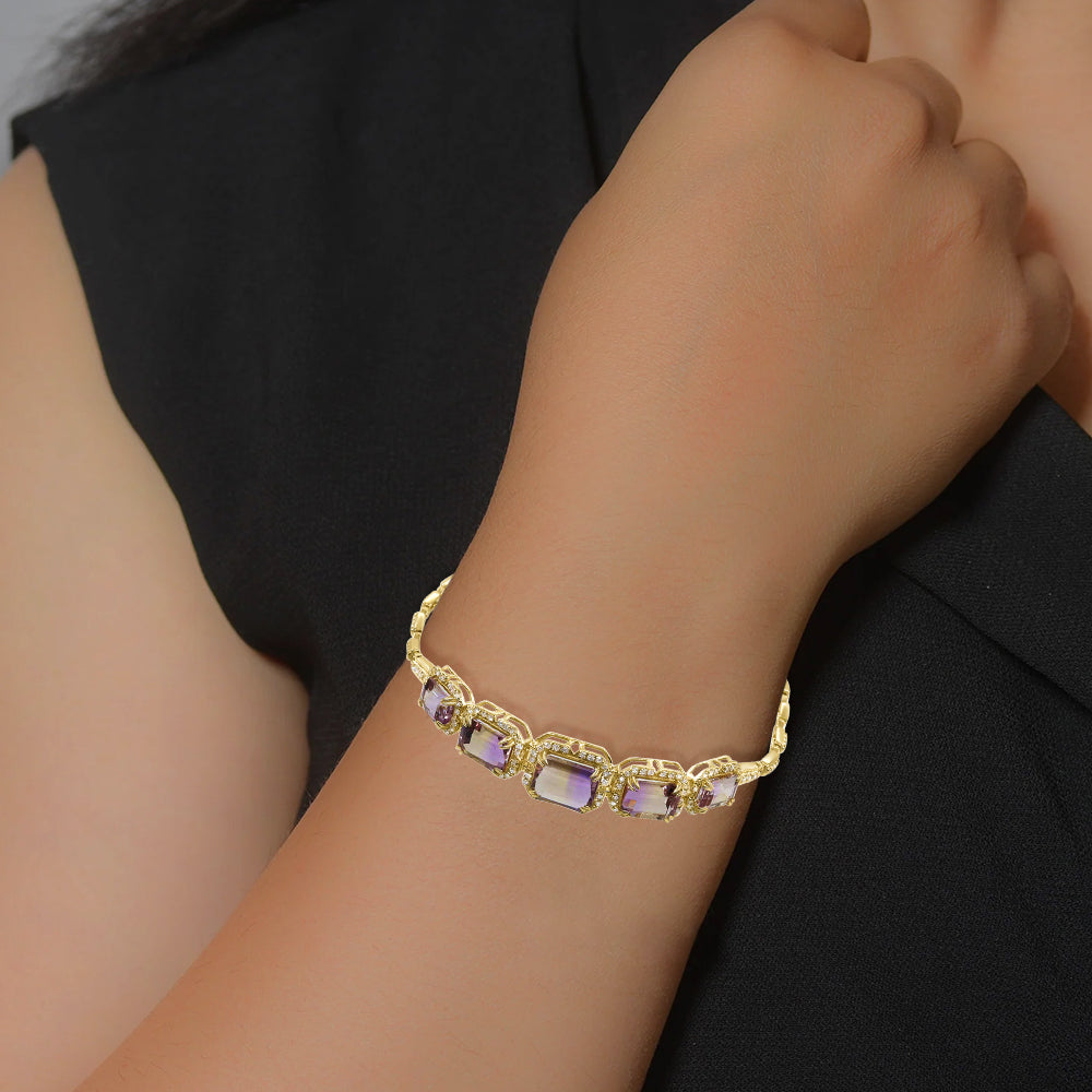 Diamond2Deal 14k Yellow Gold 8.23ct Octagon Cut Ametrine and Diamond Tennis Bracelet 7.5"