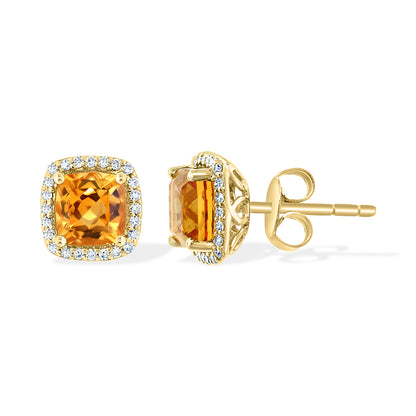Diamond2Deal 14k Yellow Gold 1.9ct Cushion Cut Citrine and Diamond Stud Earrings for Women