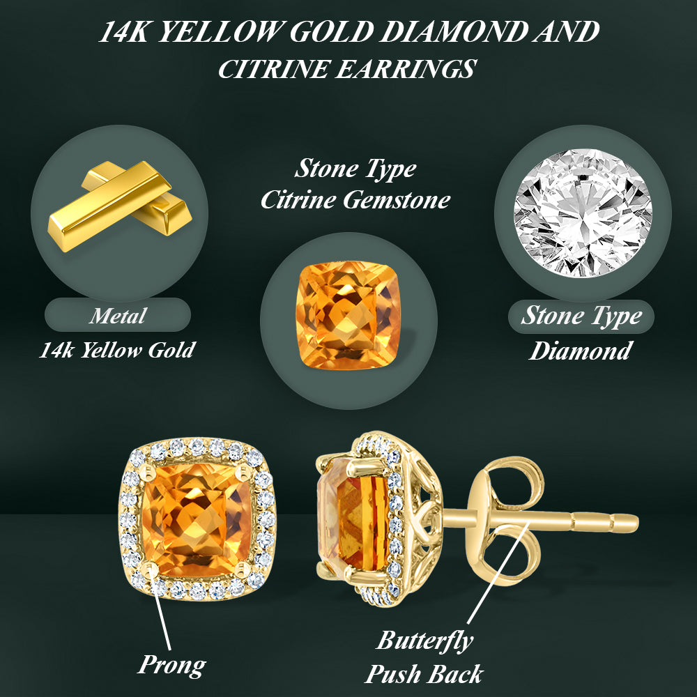 Diamond2Deal 14k Yellow Gold 1.9ct Cushion Cut Citrine and Diamond Stud Earrings for Women