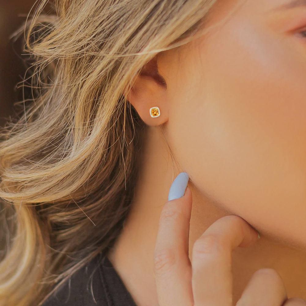 Diamond2Deal 14k Yellow Gold 1.9ct Cushion Cut Citrine and Diamond Stud Earrings for Women