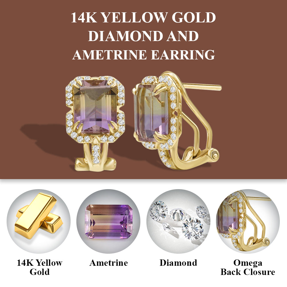 Diamond2Deal 14k Yellow Gold 5.34ct Octagon Cut Ametrine and Diamond Stud Earrings for Women