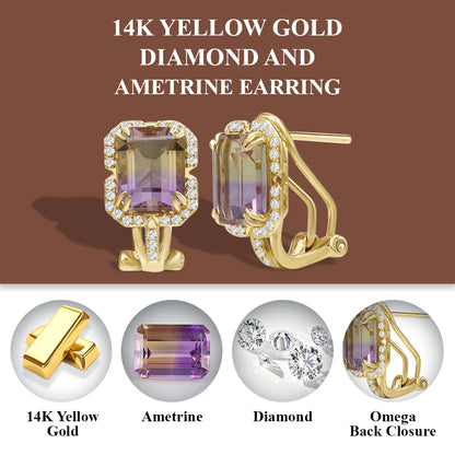 Diamond2Deal 14k Yellow Gold 5.34ct Octagon Cut Ametrine and Diamond Stud Earrings for Women
