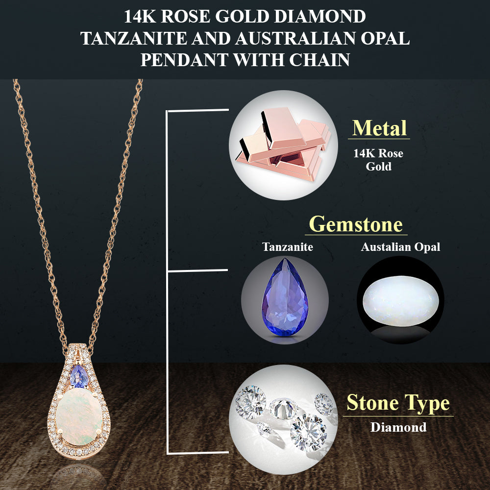 Diamond2Deal 14k Rose Gold 1.4ct Oval Cut Opal and Pendant Necklace 18" for Women