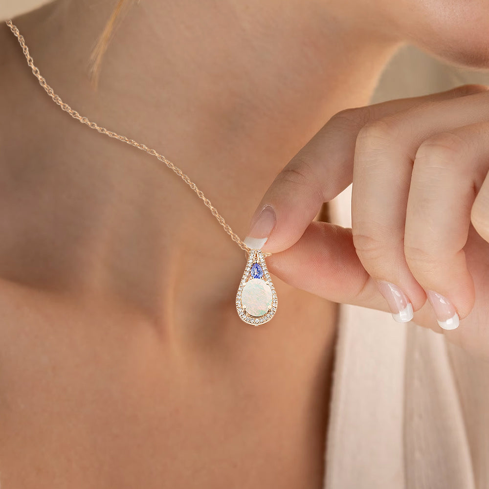 Diamond2Deal 14k Rose Gold 1.4ct Oval Cut Opal and Pendant Necklace 18" for Women