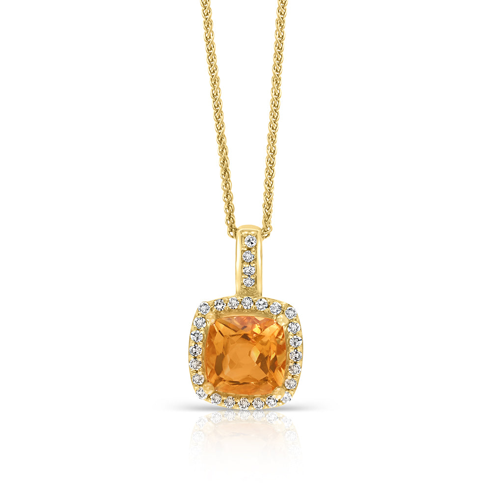 Diamond2Deal 14k Yellow Gold 0.9ct Cushion Citrine and Diamond Pendant Necklace 18" for Women