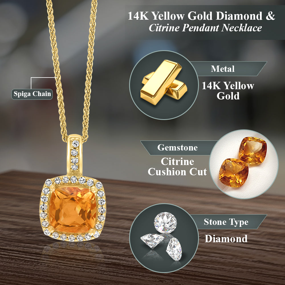 Diamond2Deal 14k Yellow Gold 0.9ct Cushion Citrine and Diamond Pendant Necklace 18" for Women