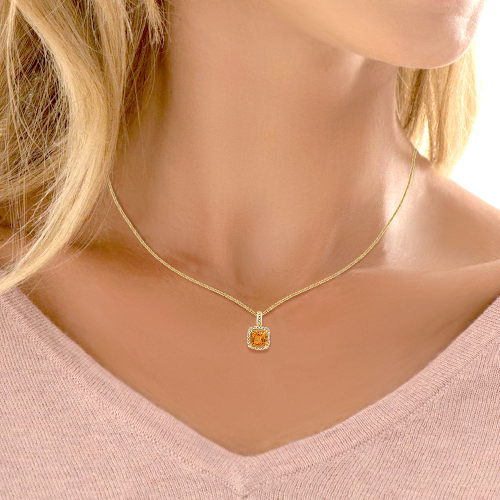 Diamond2Deal 14k Yellow Gold 0.9ct Cushion Citrine and Diamond Pendant Necklace 18" for Women