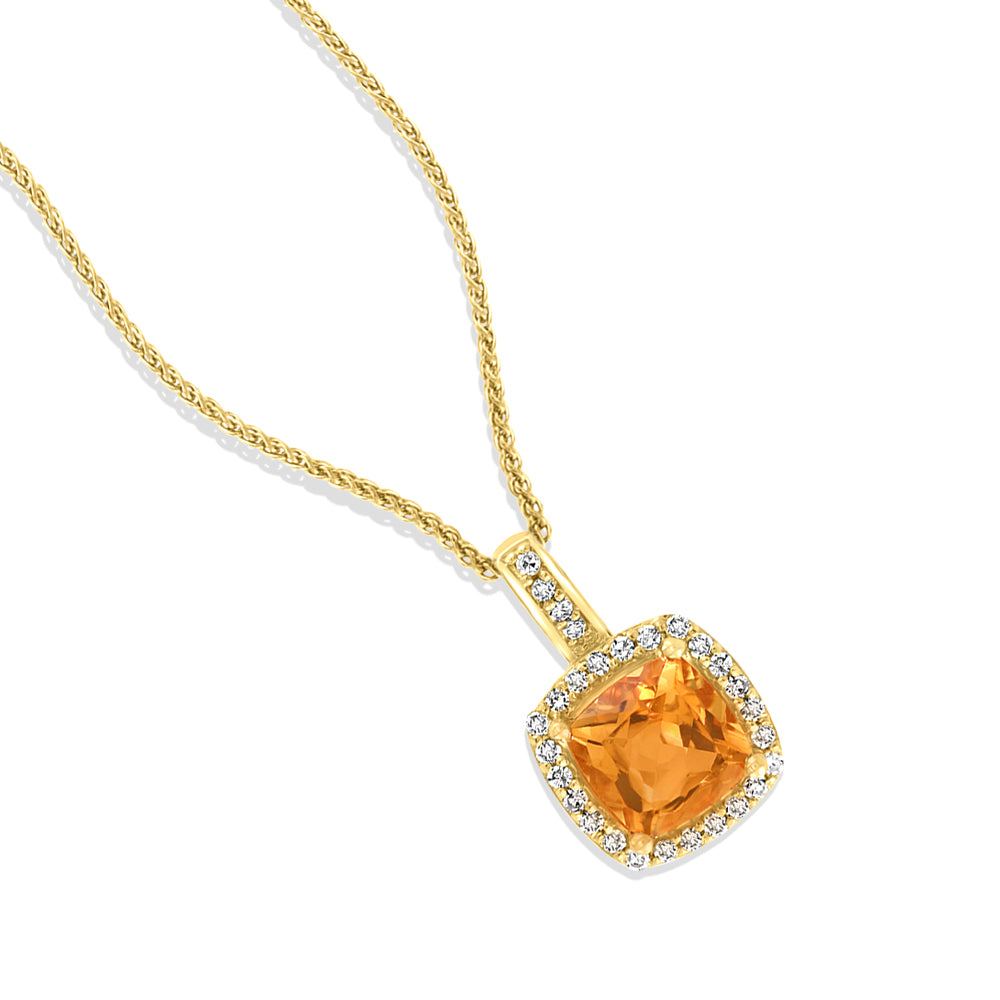 Diamond2Deal 14k Yellow Gold 0.9ct Cushion Citrine and Diamond Pendant Necklace 18" for Women
