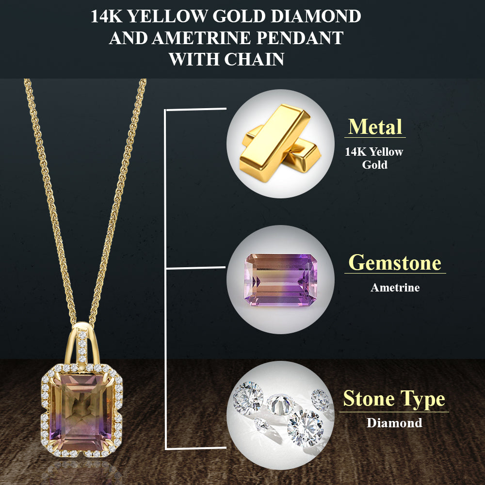 Diamond2Deal 14k Yellow Gold 4.5ct Octagon Cut Ametrine and Diamond Pendant Necklace 18"