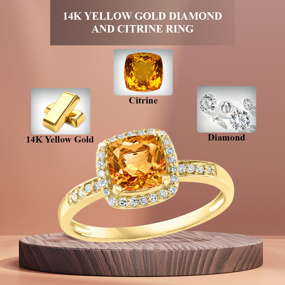 Diamond2Deal 14k Yellow Gold 0.92ct Cushion Cut Citrine and Diamond Engagement Ring for Women