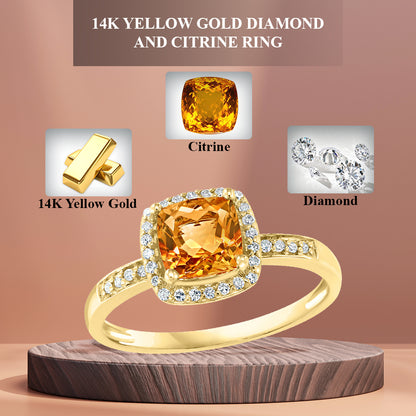Diamond2Deal 14k Yellow Gold 0.92ct Cushion Cut Citrine and Diamond Engagement Ring for Women