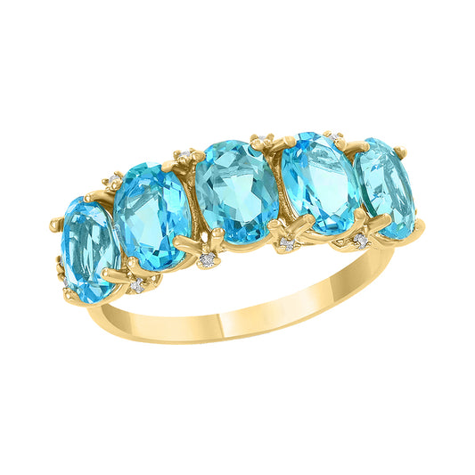 Diamond2Deal 14k Yellow Gold 3.84ct Oval Blue Topaz and Diamond Wedding Band Ring for Women