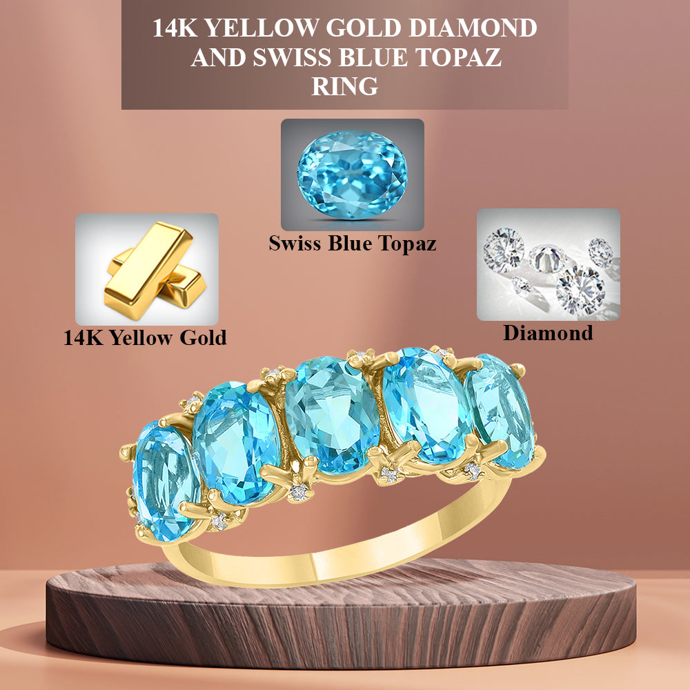 Diamond2Deal 14k Yellow Gold 3.84ct Oval Blue Topaz and Diamond Wedding Band Ring for Women