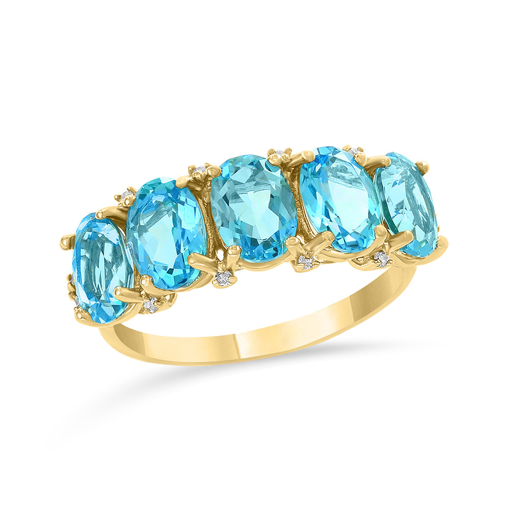 Diamond2Deal 14k Yellow Gold 3.84ct Oval Blue Topaz and Diamond Wedding Band Ring for Women