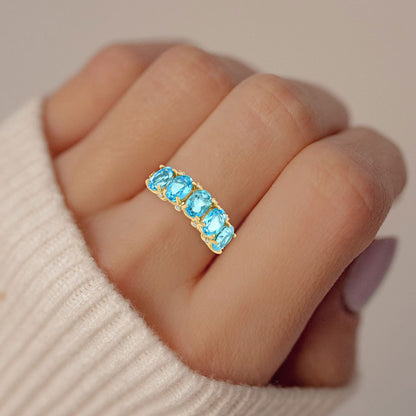 Diamond2Deal 14k Yellow Gold 3.84ct Oval Blue Topaz and Diamond Wedding Band Ring for Women