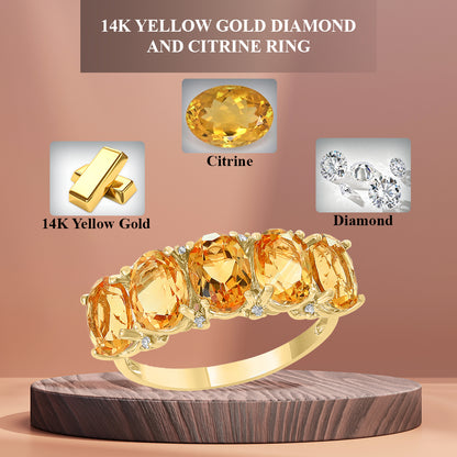 Diamond2Deal 14k Yellow Gold 3.43ct Oval Cut Citrine and Diamond Wedding Band Ring for Women